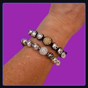 TAI Set of Two Silver Crystal Disco Beaded Macrame Shambala Bracelets